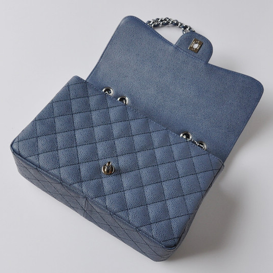 Chanel A28600 Caviar Leather Classic Flap Bag in Blue with Silver