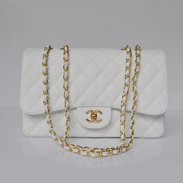 Chanel A28600 Caviar Leather Classic Flap Bag in White with Gold