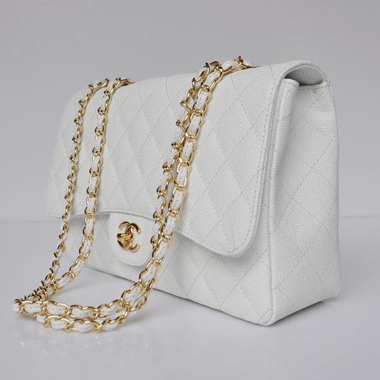 Chanel A28600 Caviar Leather Classic Flap Bag in White with Gold