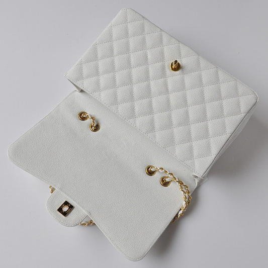 Chanel A28600 Caviar Leather Classic Flap Bag in White with Gold