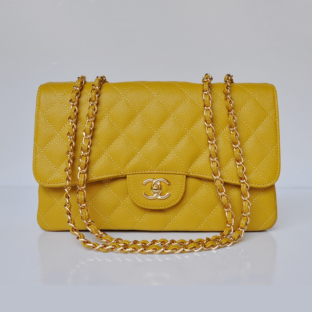 Chanel A28600 Caviar Leather Classic Flap Bag in Yellow with Gold