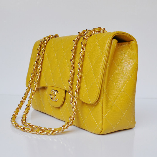 Chanel A28600 Caviar Leather Classic Flap Bag in Yellow with Gold