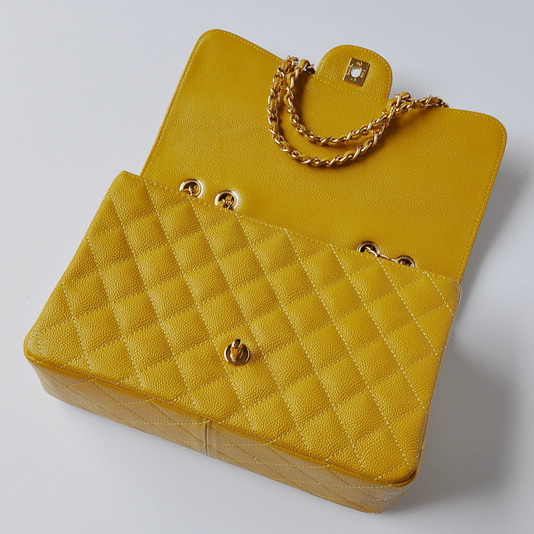 Chanel A28600 Caviar Leather Classic Flap Bag in Yellow with Gold