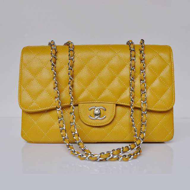 Chanel A28600 Caviar Leather Classic Flap Bag in Yellow with Silver