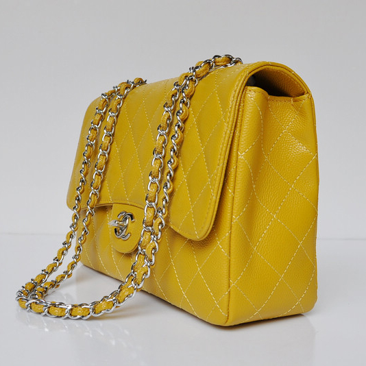 Chanel A28600 Caviar Leather Classic Flap Bag in Yellow with Silver