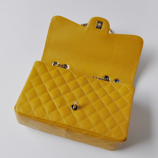 Chanel A28600 Caviar Leather Classic Flap Bag in Yellow with Silver