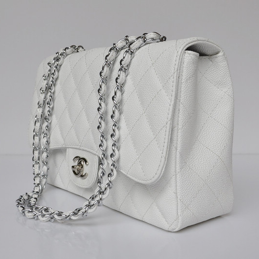 Chanel A28600 Caviar Leather Classic Flap Bag in white with Silver