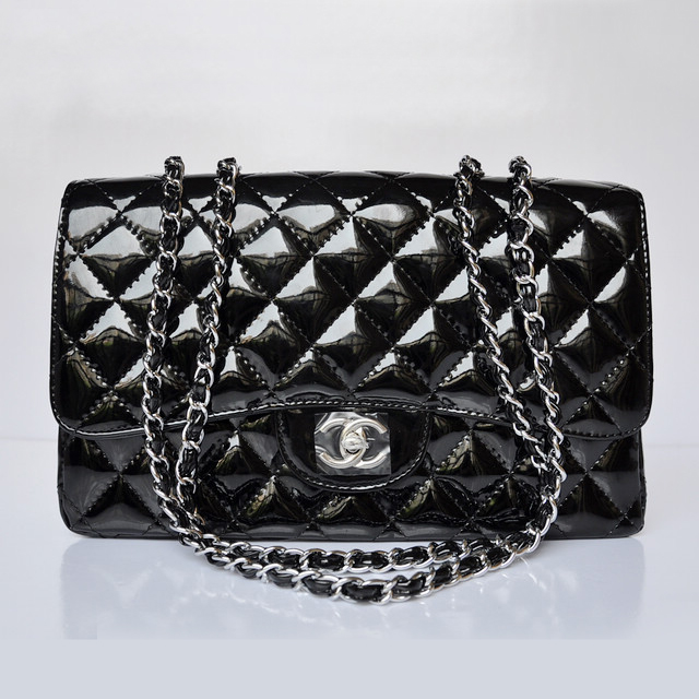 Chanel A28600 Patent Leather Classic Flap Bag in Black with Silver