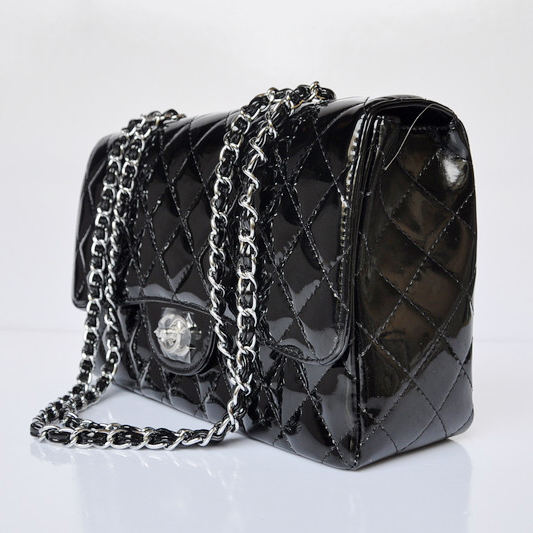 Chanel A28600 Patent Leather Classic Flap Bag in Black with Silver