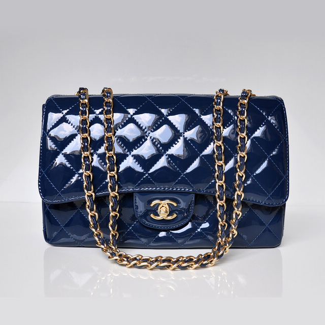 Chanel A28600 Patent Leather Classic Flap Bag in Blue with Gold