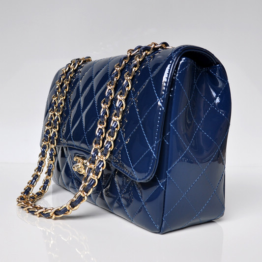 Chanel A28600 Patent Leather Classic Flap Bag in Blue with Gold