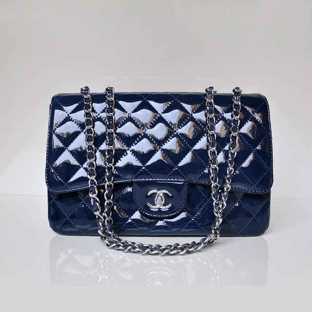 Chanel A28600 Patent Leather Classic Flap Bag in Blue with Silver