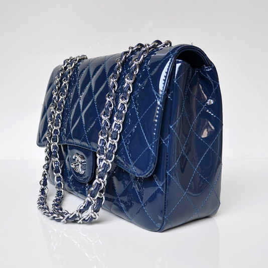 Chanel A28600 Patent Leather Classic Flap Bag in Blue with Silver