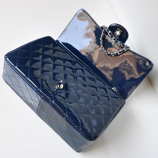 Chanel A28600 Patent Leather Classic Flap Bag in Blue with Silver