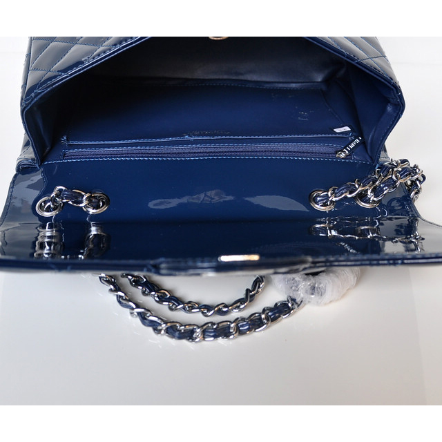 Chanel A28600 Patent Leather Classic Flap Bag in Blue with Silver