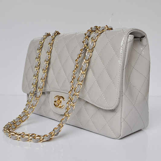 Chanel A28600 Patent Leather Classic Flap Bag in Grey with Gold