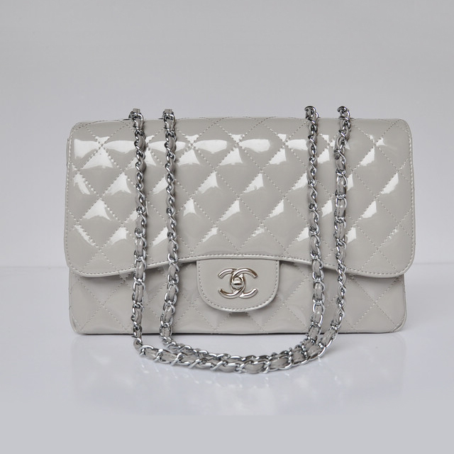 Chanel A28600 Patent Leather Classic Flap Bag in Grey with Silver