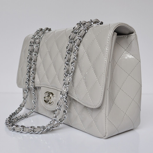 Chanel A28600 Patent Leather Classic Flap Bag in Grey with Silver