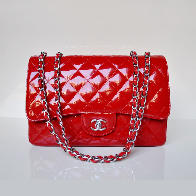 Chanel A28600 Patent Leather Classic Flap Bag in Red with Silver