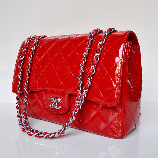 Chanel A28600 Patent Leather Classic Flap Bag in Red with Silver