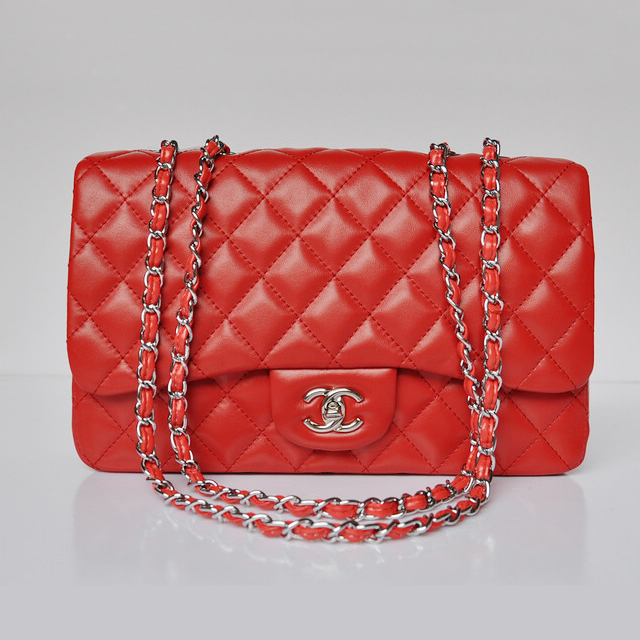 Chanel A28600 Sheepskin Leather Classic Flap Bag in Red with Silver