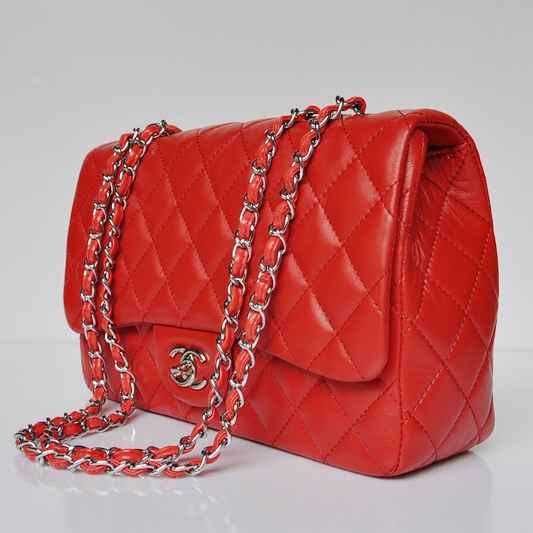 Chanel A28600 Sheepskin Leather Classic Flap Bag in Red with Silver