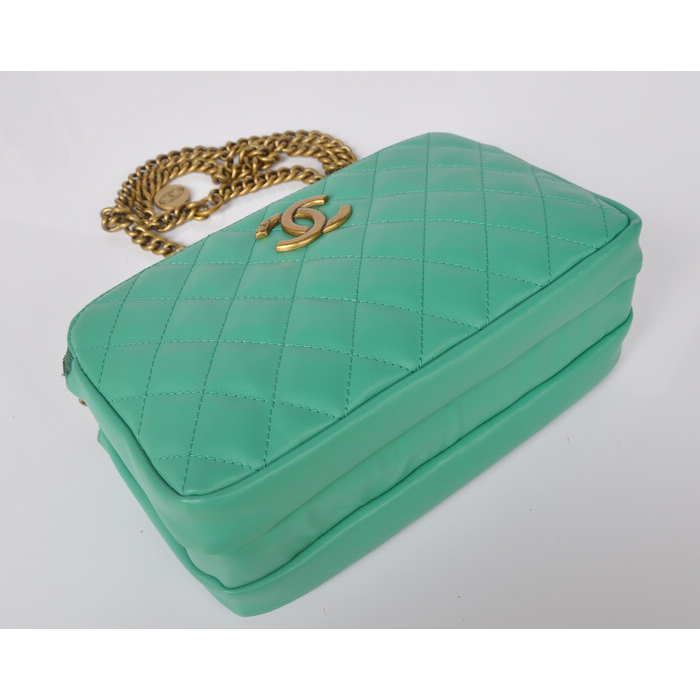 Chanel A30189 Sheepskin Leather Shoulder Bag Brass Lakegreen