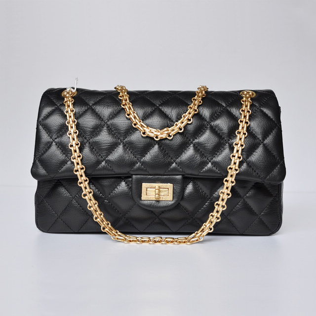 Chanel A30226 Black Glazed Crackled Leather Classic Flap Bag Gold chain