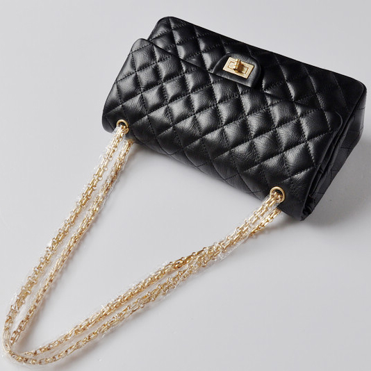 Chanel A30226 Black Glazed Crackled Leather Classic Flap Bag Gold chain