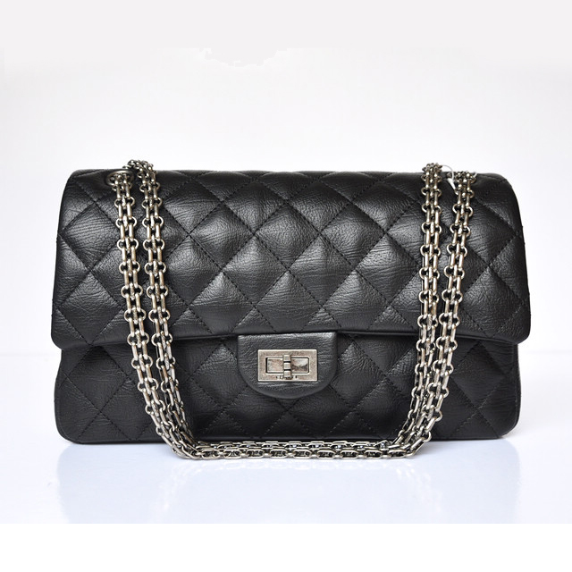 Chanel A30226 Black Glazed Crackled Leather Classic Flap Bag Silver chain