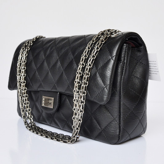 Chanel A30226 Black Glazed Crackled Leather Classic Flap Bag Silver chain