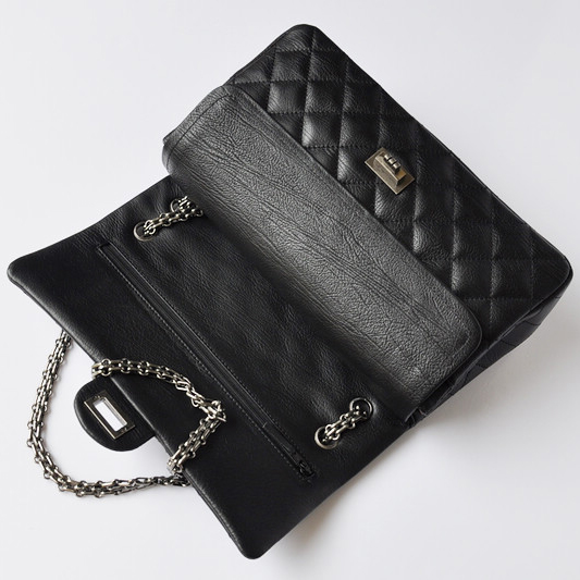 Chanel A30226 Black Glazed Crackled Leather Classic Flap Bag Silver chain