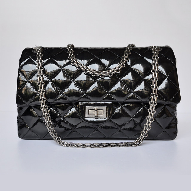 Chanel A30226 Black Patent Leather Classic Flap Bag Silver chain