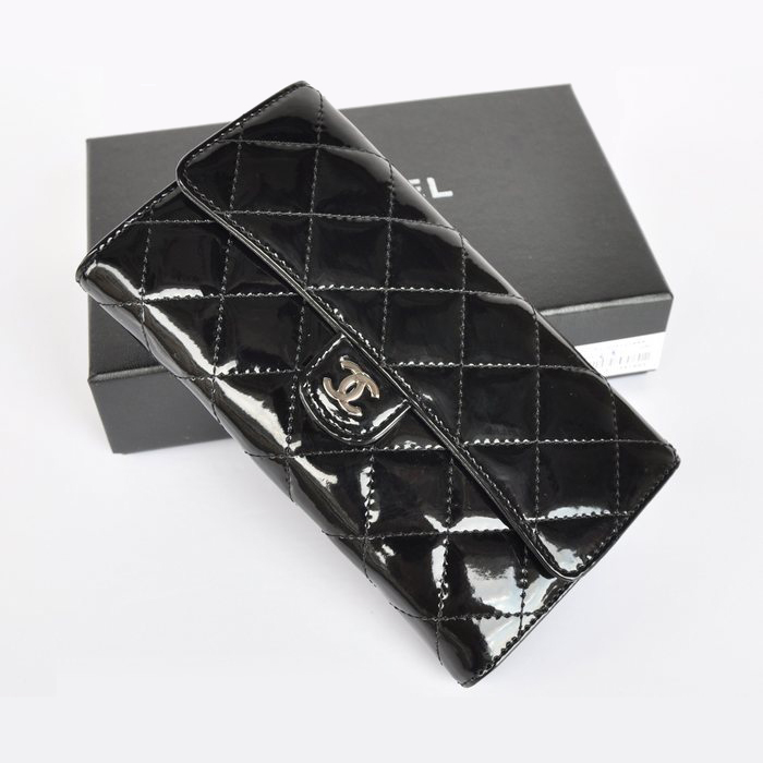 Chanel A31509 Patent leather Long Tri-Fold Wallets in Black