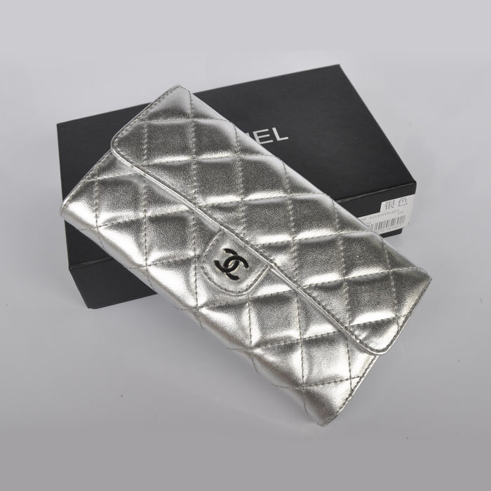 Chanel A31509 Silver Lambskin leather Long Tri-Fold Wallets