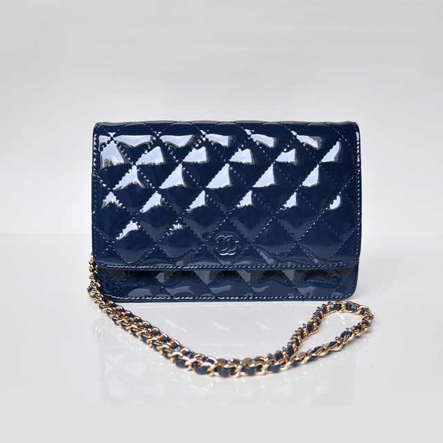 Chanel A33814 Patent Leather Flap Bag Blue in Gold