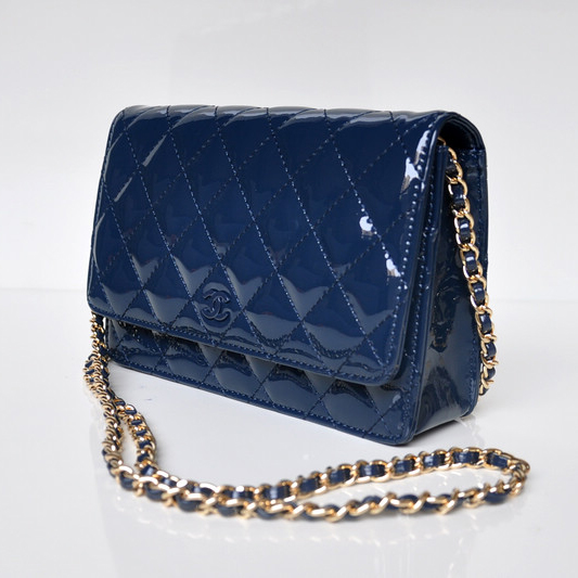 Chanel A33814 Patent Leather Flap Bag Blue in Gold