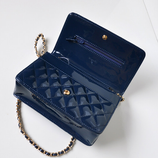 Chanel A33814 Patent Leather Flap Bag Blue in Gold