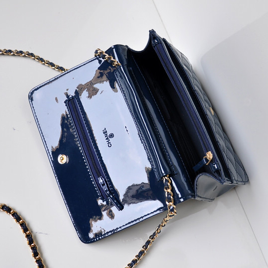 Chanel A33814 Patent Leather Flap Bag Blue in Gold