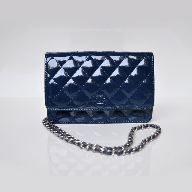 Chanel A33814 Patent Leather Flap Bag Blue in Silver