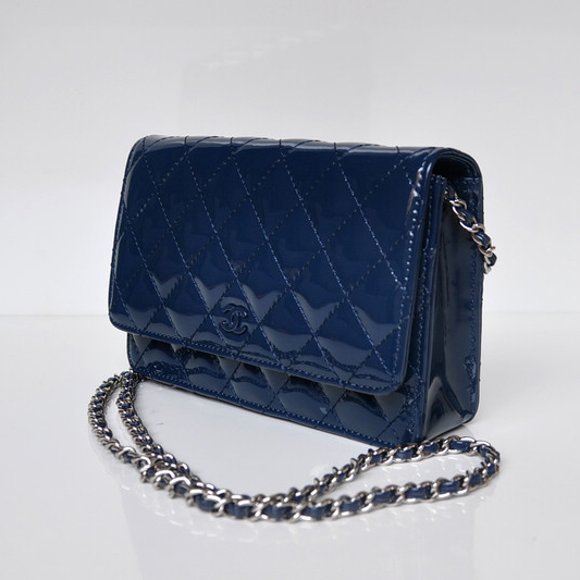 Chanel A33814 Patent Leather Flap Bag Blue in Silver