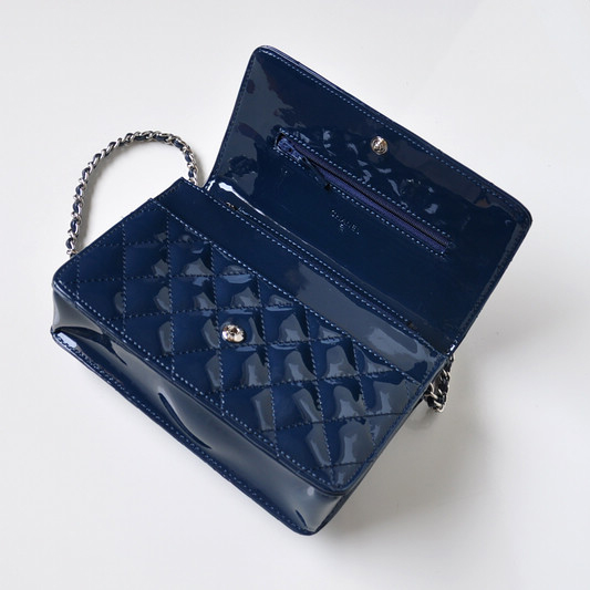 Chanel A33814 Patent Leather Flap Bag Blue in Silver