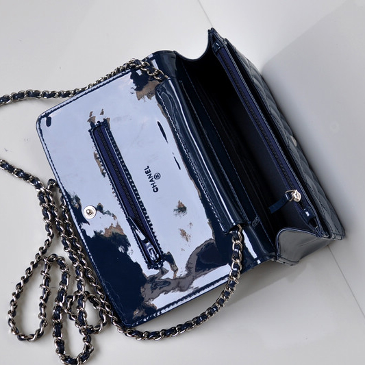 Chanel A33814 Patent Leather Flap Bag Blue in Silver