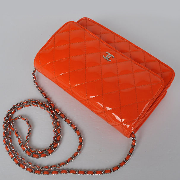 Chanel A33814 Patent Leather Flap Bag Orange in Silver