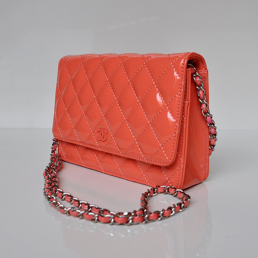 Chanel A33814 Patent Leather Flap Bag Peach in Silver