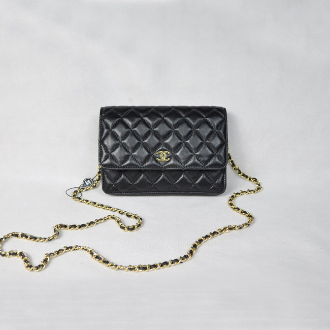 Chanel A33814 Sheepskin Leather Flap Bag Black in Gold