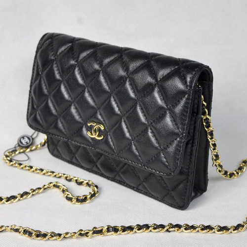 Chanel A33814 Sheepskin Leather Flap Bag Black in Gold