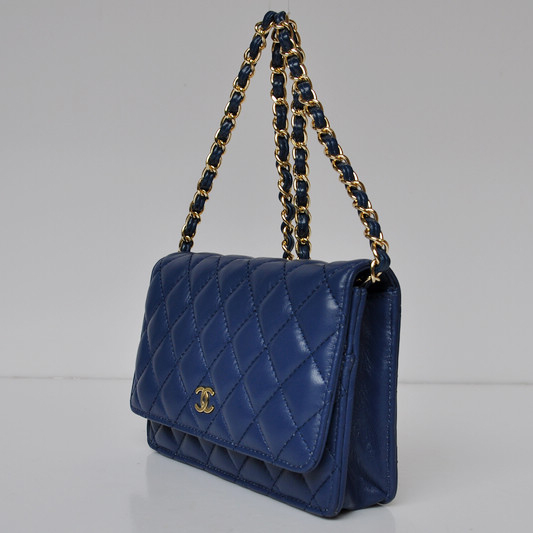 Chanel A33814 Sheepskin Leather Flap Bag Blue in Gold