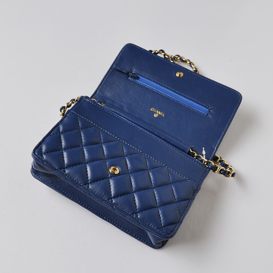 Chanel A33814 Sheepskin Leather Flap Bag Blue in Gold