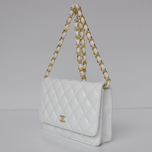 Chanel A33814 Sheepskin Leather Flap Bag White in Gold